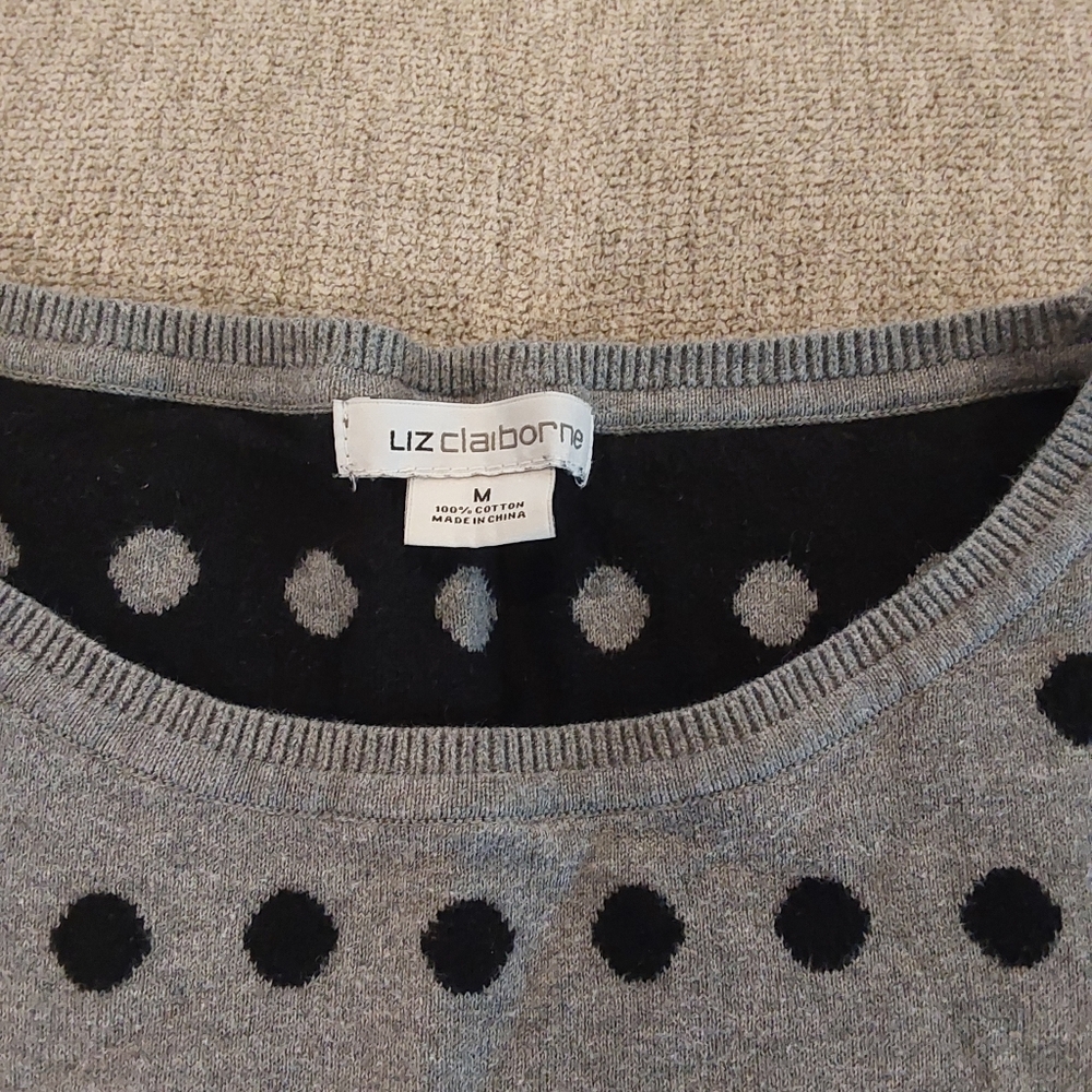 Liz Claiborne Gray & Black Polka Dot 3/4 Sleeve Knit Sweater Womens Size Medium - Picture 2 of 4